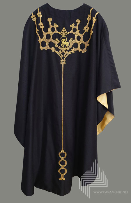 Claus Kilian Festgewand festornat Gewand Handstickerei Japangold Kasel Messgewand Ornat Priestergewand reine Seide Reinseidenfutter Shantungseide twist schwarz schwarzes Kasel schwarze Kasel schwarzes Messgewand Requiem