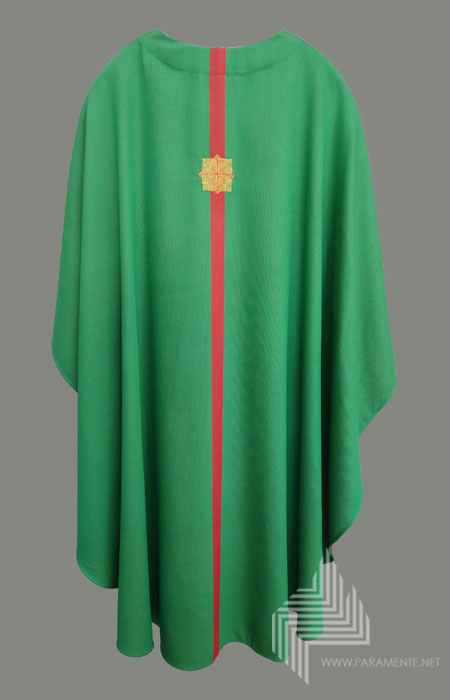 Claus Kilian eingewebtes Motiv Festgewand Gewand gewebt grün grüne Kasel Handstickerei Hauptgewand Japangold Kasel Kreuz Messgewand Ornat Priestergewand Seide Trevira/Seide