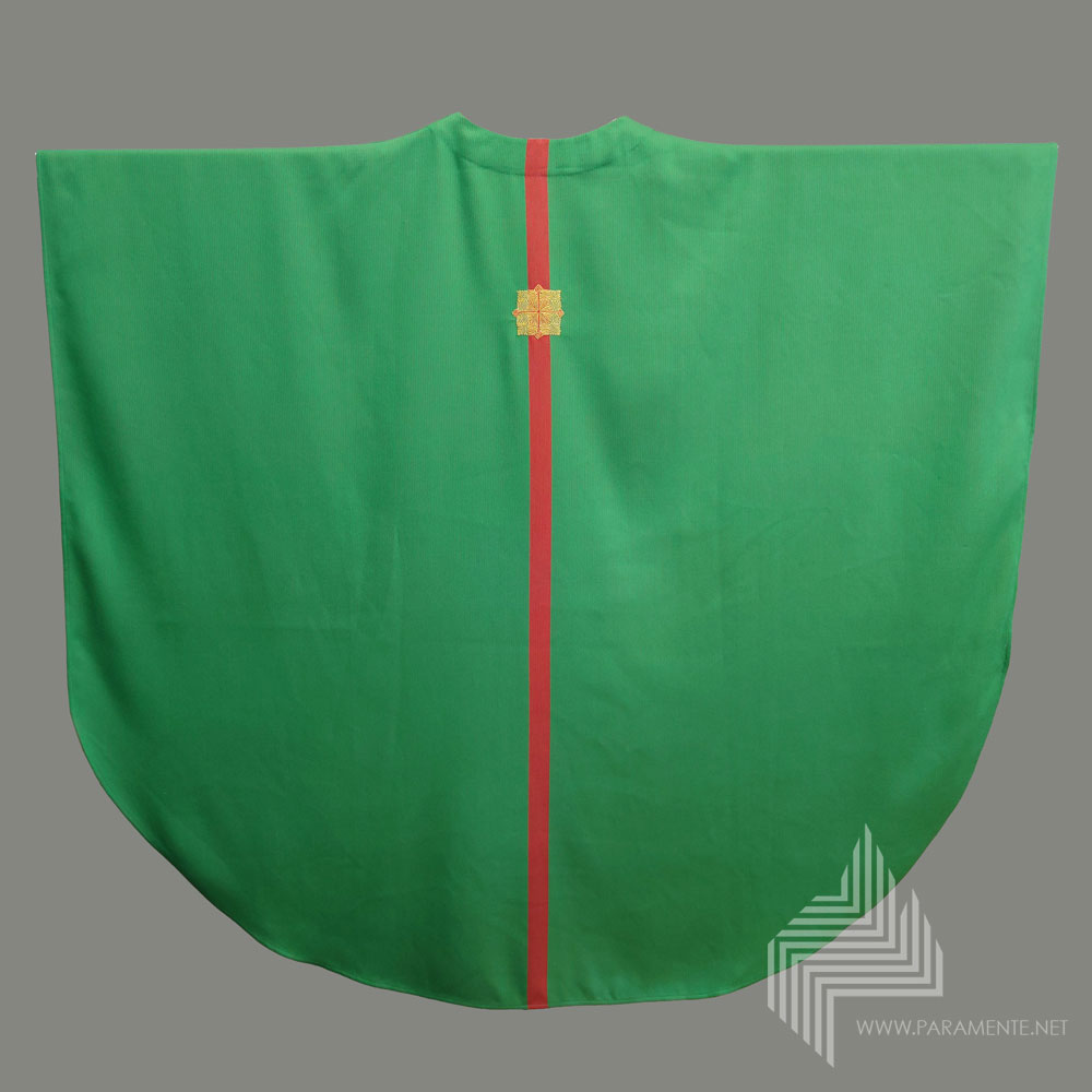 Claus Kilian eingewebtes Motiv Festgewand Gewand gewebt grün grüne Kasel Handstickerei Hauptgewand Japangold Kasel Kreuz Messgewand Ornat Priestergewand Seide Trevira/Seide