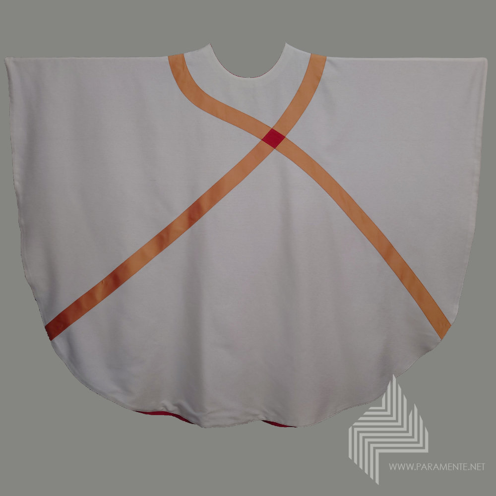 Applikationen Doupionseide Festgewand Gewand gewebt Hauptgewand Kasel Messgewand Ornat Priestergewand reine Seide Reinseidenfutter Seide weiß weiße Kasel weißes Gewand weißes messgewand andreas St. Andreas Trevira/Seide Wendekasel