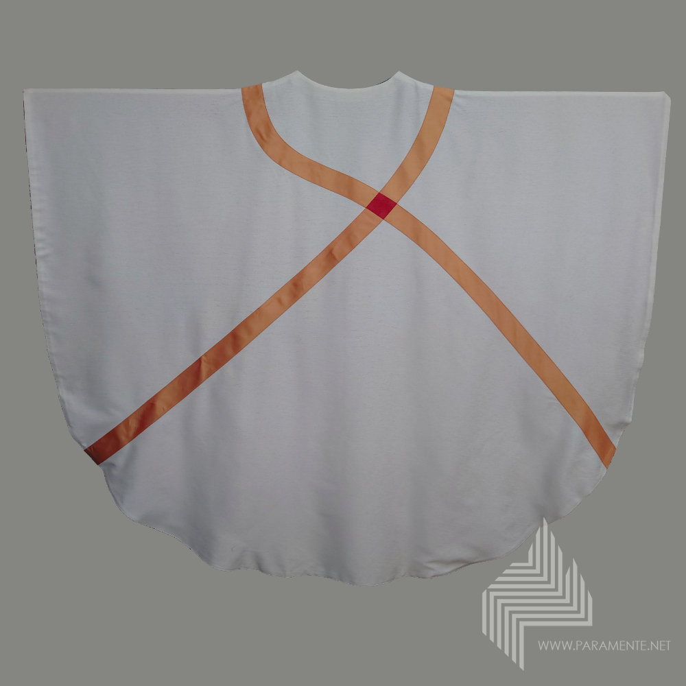 Applikationen Doupionseide Festgewand Gewand gewebt Hauptgewand Kasel Messgewand Ornat Priestergewand reine Seide Reinseidenfutter Seide weiß weiße Kasel weißes Gewand weißes messgewand andreas St. Andreas Trevira/Seide Wendekasel