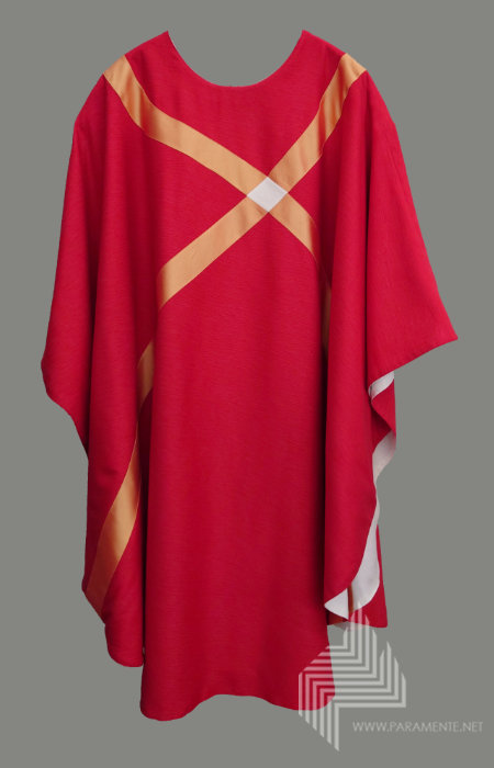 Applikationen Doupionseide Festgewand Gewand gewebt Hauptgewand Kasel Messgewand Ornat Priestergewand reine Seide Reinseidenfutter Seide weiß weiße Kasel weißes Gewand weißes messgewand andreas St. Andreas Trevira/Seide Wendekasel