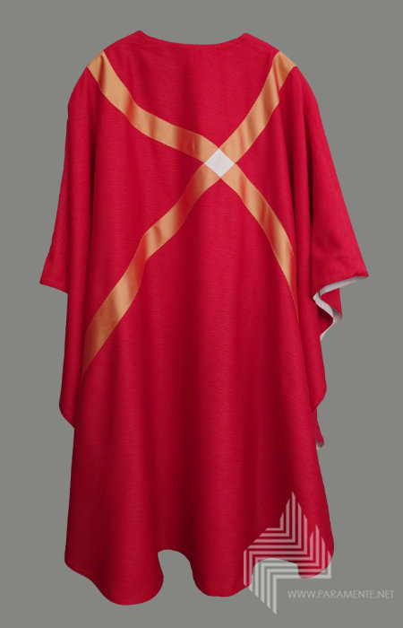 Applikationen Doupionseide Festgewand Gewand gewebt Hauptgewand Kasel Messgewand Ornat Priestergewand reine Seide Reinseidenfutter Seide weiß weiße Kasel weißes Gewand weißes messgewand andreas St. Andreas Trevira/Seide Wendekasel