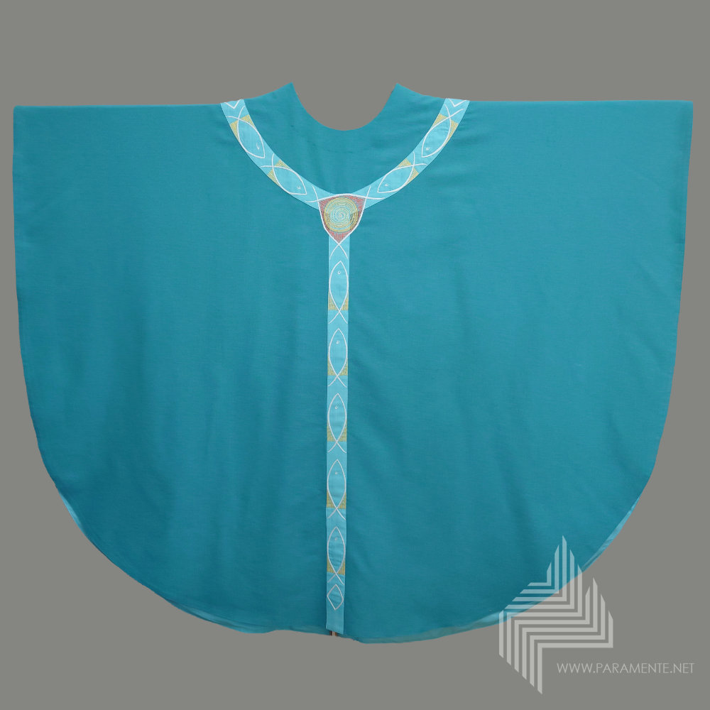 Applikationen Festgewand Gewand grün grüne Kasel grünes Gewand Hauptgewand Kasel Messgewand Ornat Priestergewand reine Seide Seide handstickerei handstickerei in twist twist Marcel Schultheiß Fische Ichtus