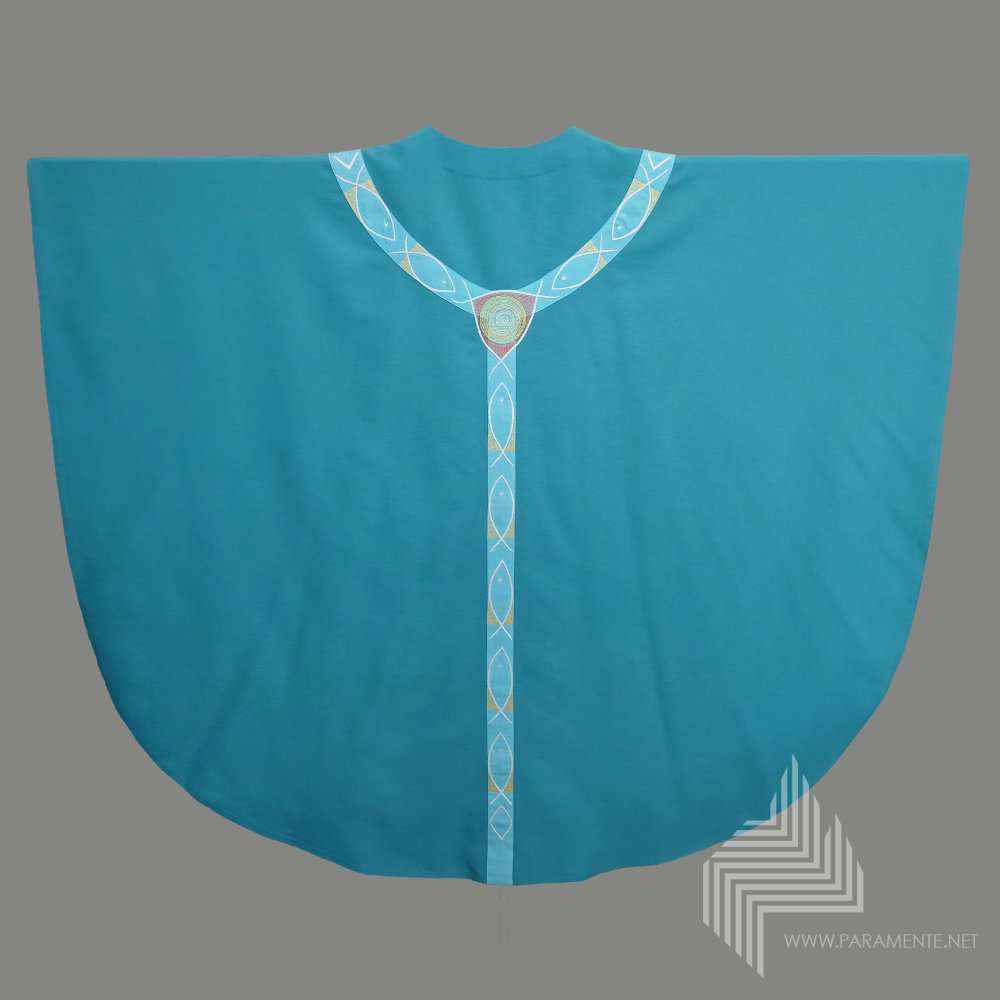 Applikationen Festgewand Gewand grün grüne Kasel grünes Gewand Hauptgewand Kasel Messgewand Ornat Priestergewand reine Seide Seide handstickerei handstickerei in twist twist Marcel Schultheiß Fische Ichtus