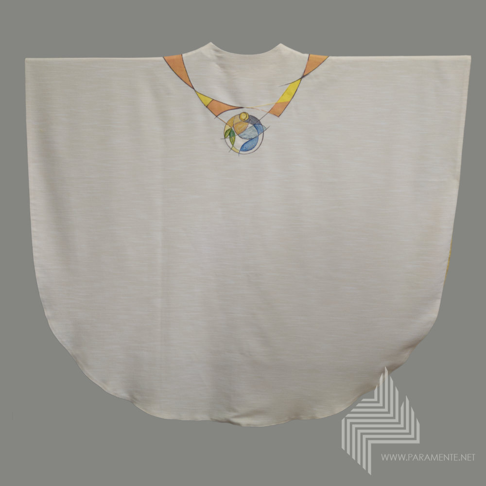 Applikationen Doupionseide Festgewand Gewand gewebt handgewebt Handstickerei Handwebstoff Hauptgewand Japangold Kasel Messgewand Ornat Priestergewand reine Seide Seide weiß weiße Kasel Schöpfung