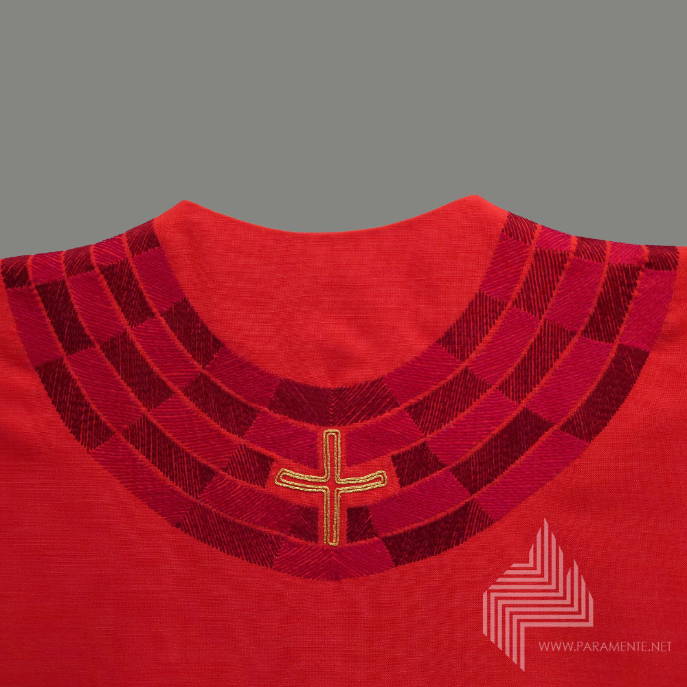 Claus Kilian Festgewand Gewand gewebt Handstickerei Hauptgewand Kasel Messgewand Priestergewand Reinseidenfutter twist rot rote Kasel rotes Messgewand