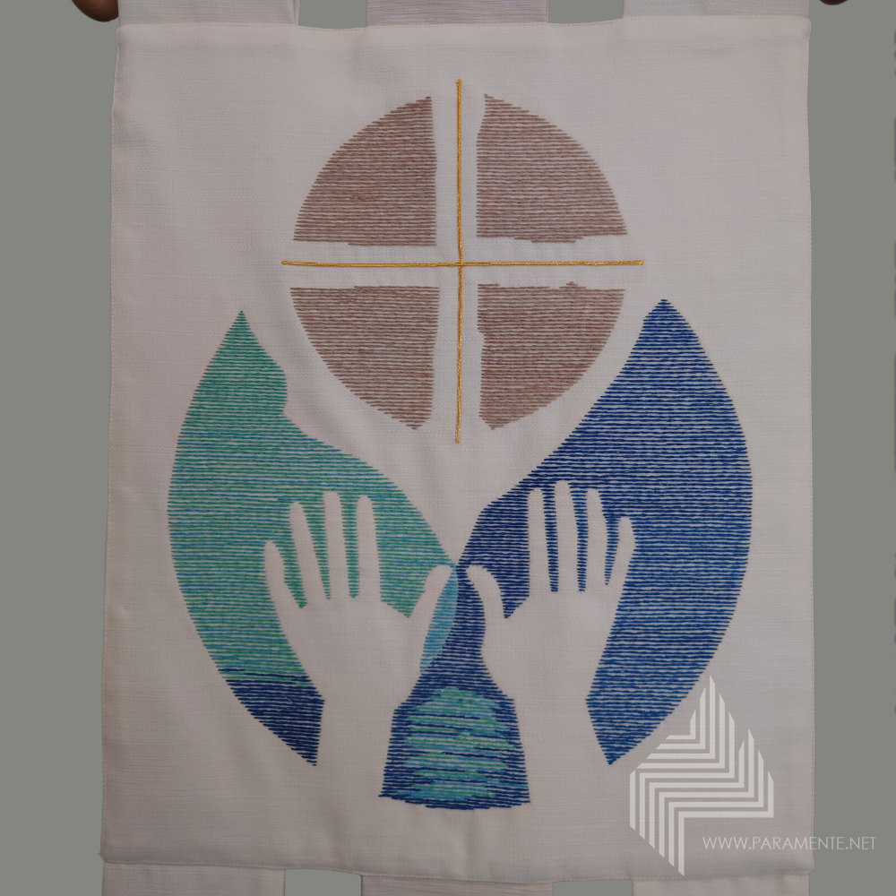 Claus Kilian fahne Handstickerei kirchefahne kirchenfahne reine Seide Trevira/Wolle twist vereinsfahne vortragefahne weiß